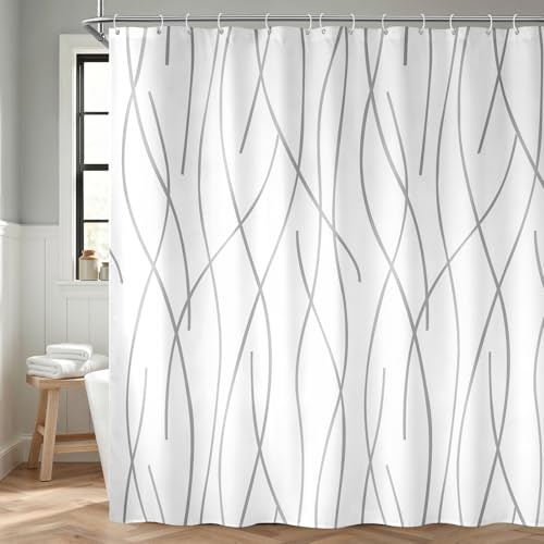 NDDYCU Duschvorhang 180x200 Grau Weiss Gestreift Wasserdicht für Badewanne | Wasserabweisende Beschichtung, 150GMS Gewichteter Polyester, Modern Streifenmuster, Gewicht Saum, 12 Haken