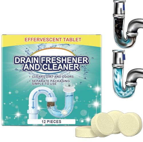 12pcs Strong Drain Cleaner Tablets,Drain Cleaner for Bad Smells&Drain Declogger,Drain Smell Eliminator Tablets for Dishwasher,Bathroom Sink&Outdoor Drains,Safe Non-Irritating Household Essentials