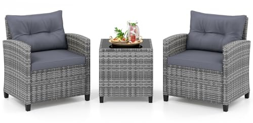 COSTWAY Conjunto Jardin Exterior de Ratán 3 Piezas, 2 Sillas de Ratán y Mesa con Tablero de Cristal Templado, Muebles de Conversación de Mimbre para Patio con Cojines para Balcón Porche