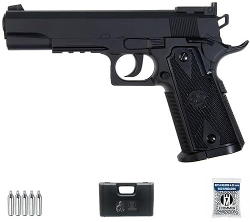 Pack de Pistola Aire comprimido Stinger 1911 CO2 4,5 mm Negra, maletín de Transporte, 5 bombonas y 500 BBS de Acero | Pack Pistolas de balines con Sistema CO2, maletin y 500 BBS