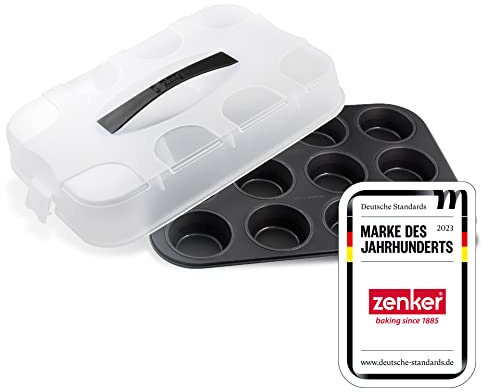 Zenker 12-er Muffinblech mit Transporthaube SPECIAL - TO GO, Muffinform für saftige Cupcakes, Backbelch extra hohe Transportbox (Farbe: Transparent/Schwarz), Menge: 1 Stück