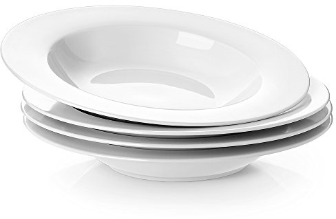 Y YHY Soup Bowls, Pasta Bowl Set of 4, White Shallow Bowl Plates, Porcelain Rimmed Bowls, 8 Inches Diameter with Rim, Mather's Day Gift