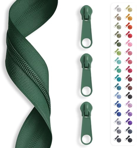 5m Reißverschluss endlos, Spirale 5mm + 10 Schieber/Zipper 27 Farben, Meterware (Dunkelgrün)
