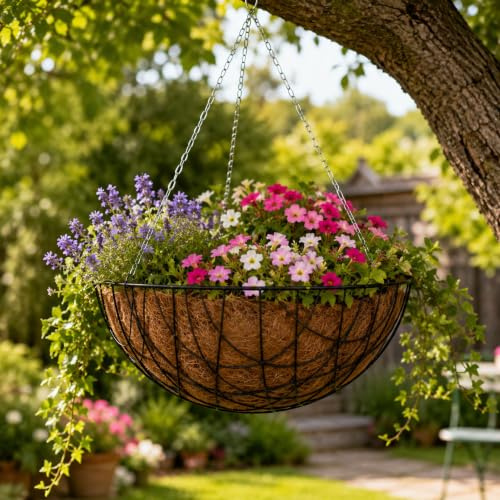garden mile Verschiedene Garten hängende Körbe Innen Außen Wandbehang Pflanzgefäß Pflanztöpfe Rattan Weiden Blumen Blumenampel Wandhalter Kokos Auskleidungen - Grün, 16 Green Wire Basket