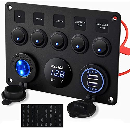 Kohree12V/24V 4.2A Schalter Panel IP65 Wasserdichte Dual-USB-Ladegerät LED Voltmeter Zigarettenanzünder 5 Kippschalter EIN/AUS für Auto Marine Boot Wohnmobil Fahrzeuge LKW Schaltkreis Steuerung