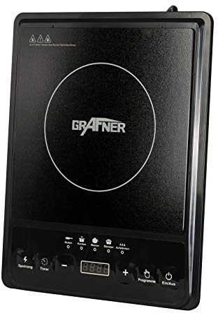 Grafner Induktionskochplatte mit 2000 Watt, LED Display, 180 Minuten Timer, Soft-Touch, digital, 5 Programme, Kochfeld Induktion Einzelkochfeld