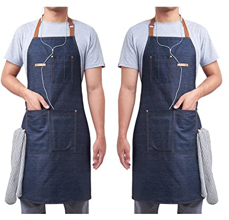 KPD 2 Pack Blue Unisex Adjustable Bib Denim Apron for Family Chef, Kitchen, BBQ and Studio,Cooking Apron for Kitchen and Home