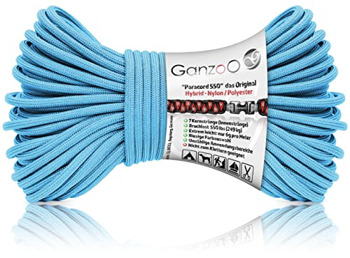 Ganzoo Paracord 550 Seil 30 m Iceberg blau, 4 mm Typ 3 Nylon Polyester Hybrid mit 32 Litzen Mantel und 7 Innensträngen, 550 lbs ca. 250 kg Bruchlast für DIY Armband, Hundeleine, Hundehalsband knüpfen