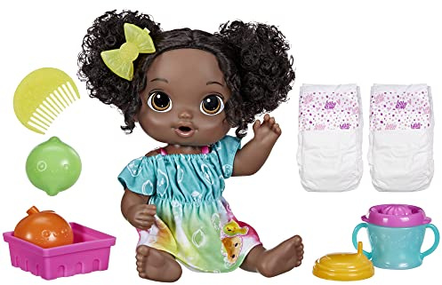 Baby Alive Fruity Sips Doll, Lime, Toys for 3 Year Old Girls, 12-inch Baby Doll Set, Drinks & Wets, Pretend Juicer, Kids 3 and Up, Black Hair