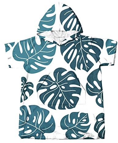 Chickwin Badetuch mit Kapuze Kinder, Blätter Muster Kapuzenbadetuch für Teenager Mädchen Junge Hoodie Badeponcho mit Tasche, Saugfähig Mikrofaser Kurzer Ärmel Bademantel (Monstera-Blätter,L)