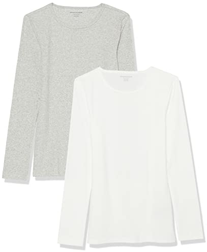 Amazon Essentials Women's Slim-Fit Long Sleeve Rib Knit Crew Neck Top, Pack of 2, Grey Heather/White, Medium