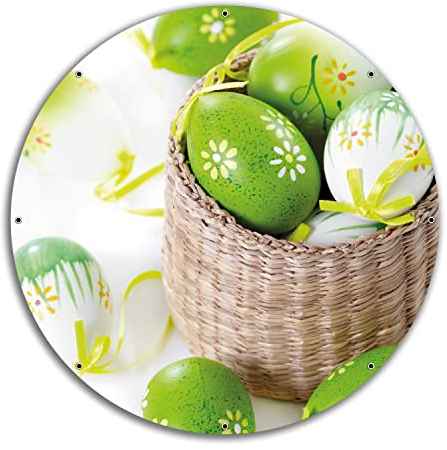 Wallario rundes Outdoor-Poster für Garten oder Balkon Ostergruß - Bunte bemalte Ostereier in einem kleinen Körbchen, Motivbanner 60 cm Durchmesser