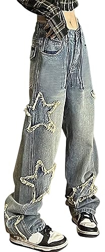 DINGJIUYAN Vintage Star Jeans Pocket Stitching Straight Denim Pants Women Streetwear Casual Trousers-y2k Jeans