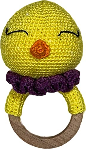 QidQuu© Amigurumi Babyrassel mit En71 geprüftem Beißring aus Ahornholz (Küken)