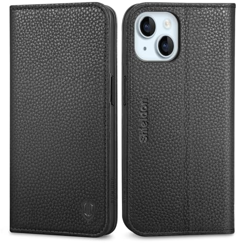 SHIELDON Hülle für iPhone 15 5G, Echtleder Handyhülle [RFID Blocker] [Kartenfach] [Standfunktion] Stoßfest Magnetisch Schutzhülle Lederhülle Kompatibel mit iPhone 15 6,1 2023 - Litschi Schwarz