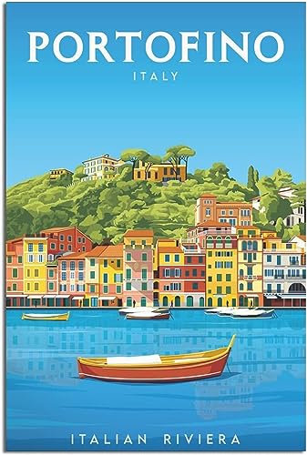 Leinwand Poster Italien Portofino Stadt Gemeinde Boot Vintage Reise Poster Home Decor Wandgemälde Leinwand Malerei Kunst Wandbild Ungerahmt 50x75cm