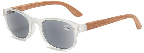 Lanomi Sonnen Lesebrille mit Holzbein Damen Herren Rechteckig Outdoor Lesehilfe Grau Linse Kunststoff Federscharnier Sehhilfe Getönt Sonnenbrille mit Sehstärke