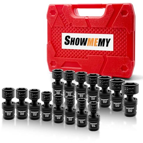 SHOWMEMY Universalgelenk-Steckschlüssel-Set, 15 Stück, 0,95 cm (3/8 Zoll), 6 Punkte, flacher Drehgelenk, metrisch, 10–24 mm, Cr-Mo Stahl, robuster Aufbewahrungskoffer