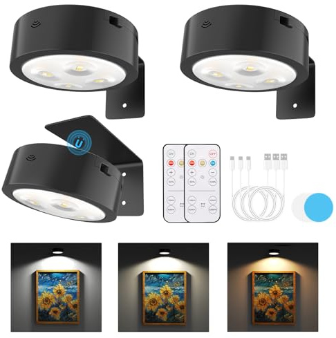 Narotood Picture Lights for Wall, Rechargeable Battery Magnetic Poster Lights with 3 Color Temps, Remote and Dimmable Timer Art Display Light for Picture Artworking Frame Portrait (3-Pack)