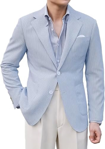 LYOUCI Men Seersucker Sport Coats Lightweight Jacket Coat Classic Summer Blazer Seersucker Suit for Men Beach Wedding Blazers Blue 3XL