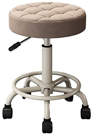 360° drehbarer, runder Rollhocker aus Leder für Büro, Spa und Salon | Höhenverstellbarer Arbeitsstuhl mit Rollen | Ideal für Massage-, Zeichen- und Tätowierarbeiten | Beige (Hellbraun)