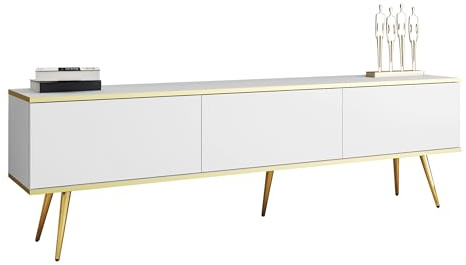 Mirjan24 TV-Lowboard Orenate 175 mit 3 Klappen (Weiß) | Griffloses TV-Board mit Push-to-open-System, goldenen Stahlfüßen und pflegeleichter Oberfläche, B/H/T: 175/53/32 cm