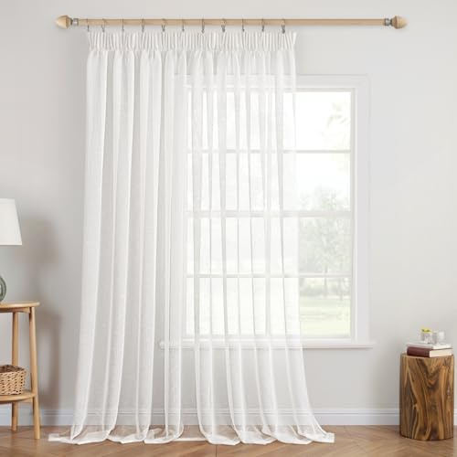 MIULEE Gardinen 1er Voile Vorhang Leinenoptik Kräuselband 300x245cm Weiß | Leinenoptik Voile mit Kräuselband, lichtdurchlässig & blickdämpfend, einfach aufzuhängen für Wohn- und Schlafzimmer