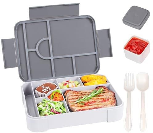 Criveple Brotdose Kinder mit Fächern, 1330ml Brotdose für Kinder/Erwachsene, Lunchbox Schule, Mikrowelle/Spülmaschinenfest, Auslaufsichere Brotdose mit Löffel Gabel Salat Soßen Box (Grau)