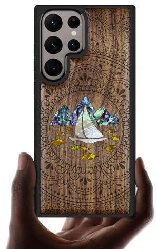 Carveit Designer Wooden Case for Samsung Galaxy S24 Ultra Case [Wood Engraving & Shell Inlay] Compatible with Wireless Chargers S24 Ultra (Oceanic Mandala Calm-Walnut)