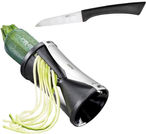 GEFU Set: Spiralschneider Spirelli & Gemüsemesser Senso - Zoodlemacher | Bündel aus Gemüseschneider für Gemüse-Spaghetti und scharfem Küchenmesser aus japanischem Edelstahl für gesundes Kochen