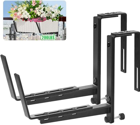 YuLuoXiang Heavy Duty Window Box Brackets, Adjustable Flower Planter Box Brackets for Railings & Walls, 5mm Reinforced Brace, Enhanced Bottom Support for Balconies, Fences, Gardens, 200LB CAP(2 Packs)