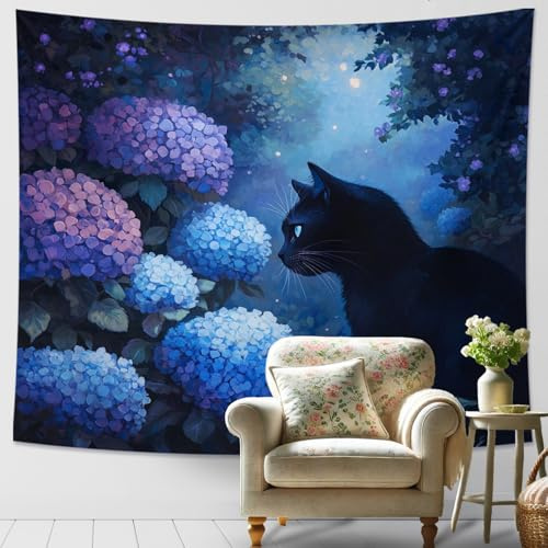 Arazzo blu viola con gatto e ortensia, da appendere alla parete, per camera da letto, soggiorno, dormitorio, accogliente arte decorativa 152 x 127 cm
