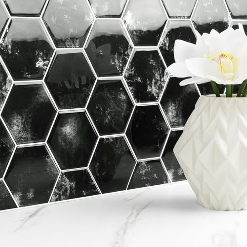 Livelynine Klisterplattor Kök Svart Marmor Kakelklister Köksvägg 3D 30x30CM 32-bitars Kakelklister Bad 3D Hexagon Klisterplattor Bad Vägg Vattentäta Självhäftande Plattor Kök Vägg