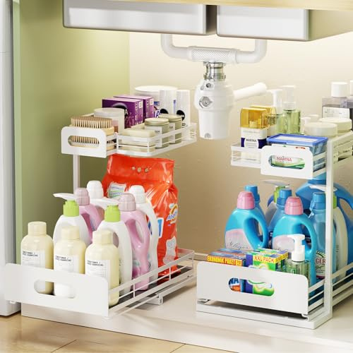 Delamu 2 Pack Metal Under Sink Storage Organizer, 2 Tier Pull Out Shelf with 2 Small Baskets, Adjustable Under Sink Organiser for Bathroom, Kitchen Cupboard Storage & Organisation, White