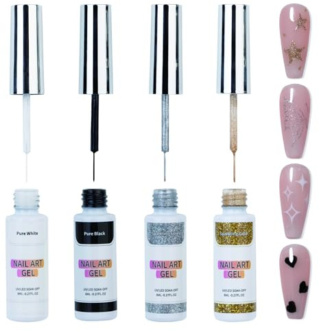 4 couleurs Gel Liner vernis à ongles Kit Gel Liner Nail Art pour le design des ongles, 4 couleurs Noir Blanc Or Argent couleurs de design avec un pinceau fin pour manucure French Tip DIY Nail Art, 8