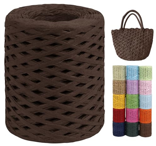 LEREATI Raffia Garn zum Häkeln von Taschen, 3mm x 200m Flach Papierdraht Bast Band Natur Paketschnur Papiergarn Raffia Bast zum Häkeln Handtasche, Körbe, Hüte, Geschenkverpackung (Kaffee)