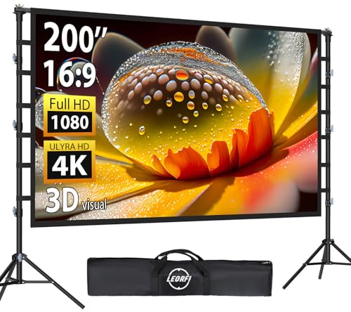 LEORFI Pantalla de Proyección 200 Pulgadas con Soporte: Pantalla Proyector Portátil Grande para Exterior, Tela Proyección Delantera/Trasera Interior, Sin Arrugas y Bolsa de Transporte para Cine Jardín