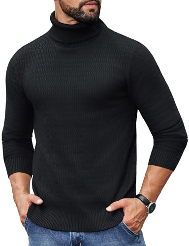 COOFANDY Jersey de Cuello Alto para Hombre Jersey de Manga Larga de Punto Fino Jersey de Cuello Alto para el Tiempo Libre Jersey básico Liso Jersey de Invierno Negro M