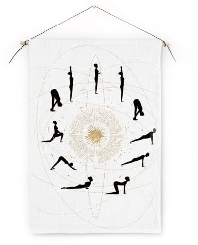 GREENWR Yoga Übungen Wandbehang Stoff Poster - Sonnengruß Chakra Grußformel Trost Tapisserie Wandteppich mit Holz Aufhängestange Lanyard und Haken - SONNENGRUSS Namaste Posterschiene 50x35cm (B)