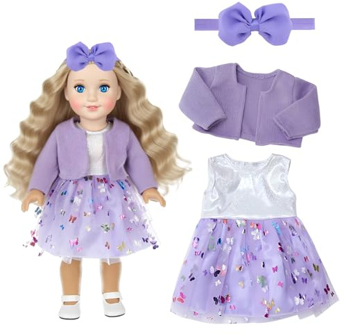 3 Stück Puppenkleidung 43 cm Set, Lila Mädchen Puppenkleidung, Puppenkleider Inklusive Mantel Kleid und Stirnband, Puppen Kleider für 16-18 Zoll Baby Puppe Geschenk Kinder