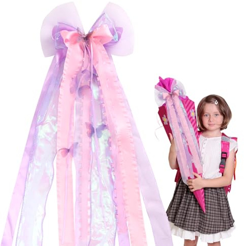 DOINEUFL Fiocco per la scuola, farfalla rosa, 60 x 20 cm, fiocco per sacchetto di zucchero, grande fiocco regalo con nastro in tulle, decorazione per accessori per sacchetti della scuola, regali per
