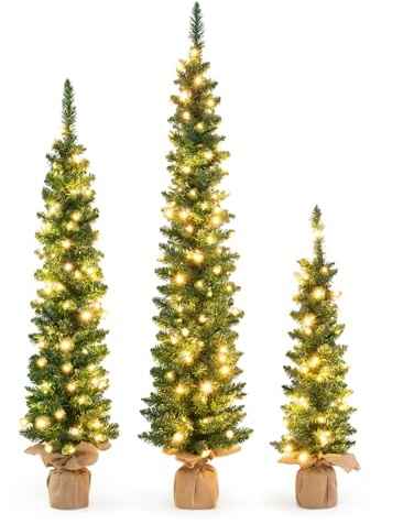 COSTWAY Künstlicher Weihnachtsbaum 3er Set, Bleistift Tannenbaum mit Beleuchtung, 90/120/150 cm Christbaum schmal, Kunstbaum Weihnachten für Zuhause (Grün)