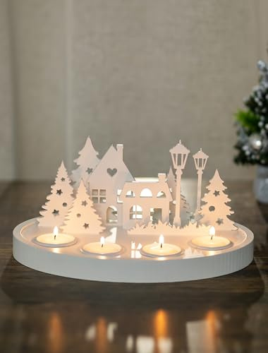 NUPTIO Corona de Adviento Madera con Velas Modernas: Arreglo Floral de Adviento Decoración Navideña para Mesa Redonda portavelas de Adviento Blanca Pueblo escandinavo, 27 x 20 x 12,5 cm