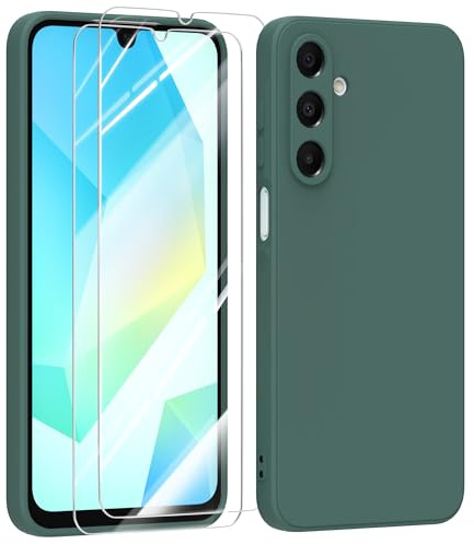 MIKULLE Case for Samsung Galaxy A17 5G / 4G with 2 Tempered Glass Screen Protector,Flexible Soft Silicone tpu Bumper Anti-Scratch Protective Shockproof Phone Cover (Dark Green)