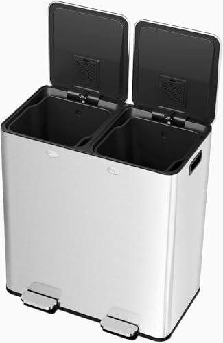 Takywep 16 Gal (2 x 30 l) Dual Trash Can, Stainless Steel Kitchen Garbage Bin, Recycle Dustbin with Odor Control Box, Soft-Close Lid, Inner Buckets, Side Handle, Step Pedal, for Home Office, Silver