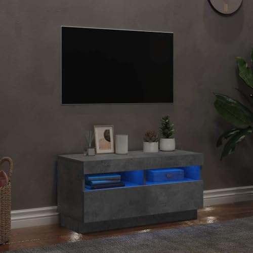 Yunovire Meuble TV avec éclairage LED, gris béton, 80 x 35 x 40 cm, armoire multimédia moderne pour salon, chambre à coucher, centre de divertissement élégant avec espace de rangement