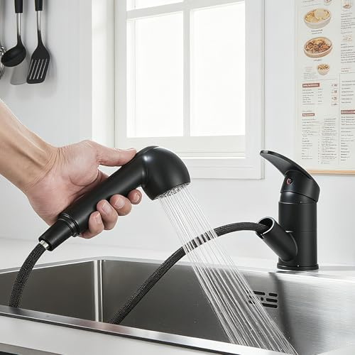 Pull Out Kitchen Tap Black 360° Swivel Spout Kitchen Mixer Tap 2 Water Outlet Modes Single-Handle Mixer Faucet for Sink