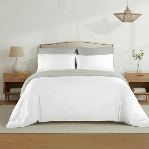 H HANSEL HOME Funda Nórdica Bicolor Cama 150 – 4 Piezas – 100% Microfibra Suave y Transpirable – Funda Edredón 220x240 cm, Bajera 150x200+30 cm, 2 Fundas de Almohada 50x75 cm - Blanco - Gris Claro