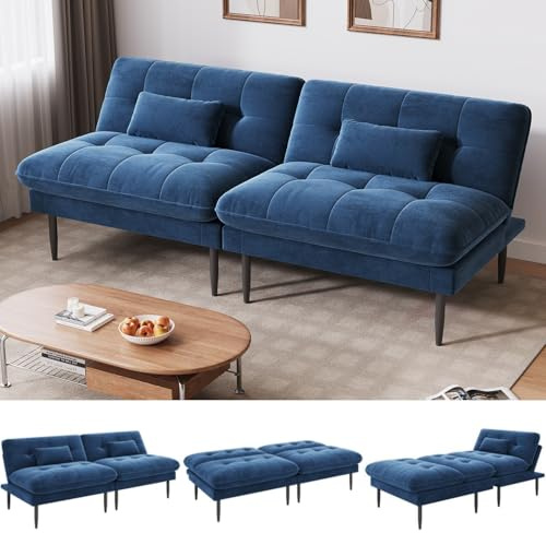 NEDYO 70 inch Convertible Futon Sofa Bed, Velvet Sleeper Sofa with Adjustable Backrest, Thick Fill and Convertible Modules, 4 in 1 Loveseat Couch for Living Room, Blue