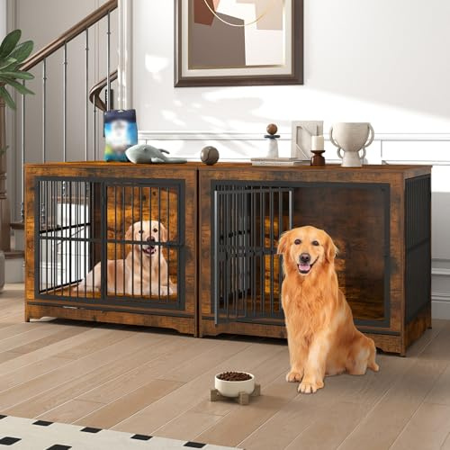 Yafylly 86 Double Dog Crate Furniture with Removable Divider, 4 Configurations Large Dog Kennel Indoor for 2 Dogs, Heavy Duty Corner Wooden Dog Cage for Small Medium Large Breeds